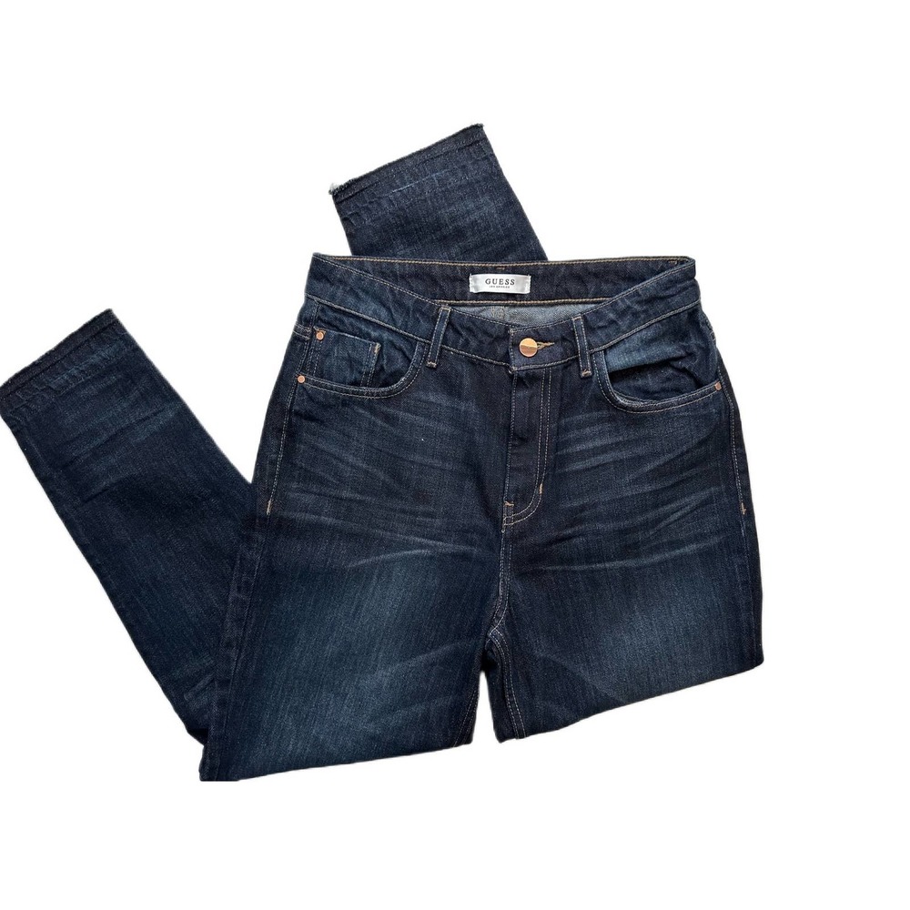 Guess High Waisted Straight Leg Denim Frayed Edge Dark Wash Size 28